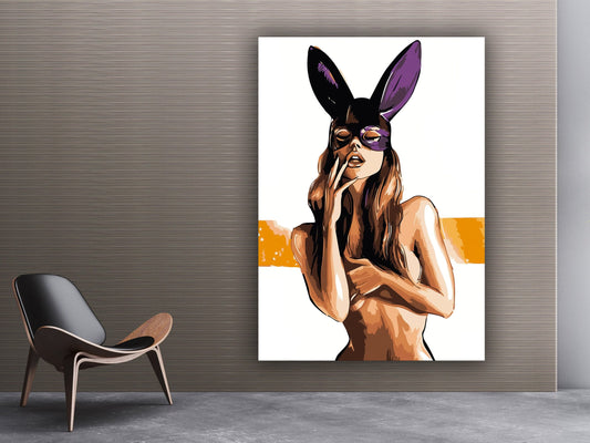 Nude rabbit woman painting, eroric woman with rabbit ears art, sexy girl decor, bedroom wall art