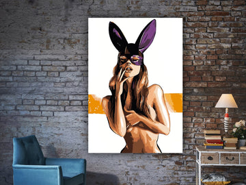 Nude rabbit woman painting, eroric woman with rabbit ears art, sexy girl decor, bedroom wall art