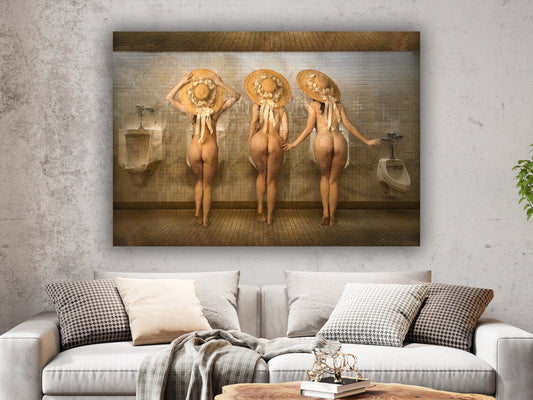 Naked women in the toilet canvas, blonde ass painting, erotic sexy women art, bedroom buttocks painting