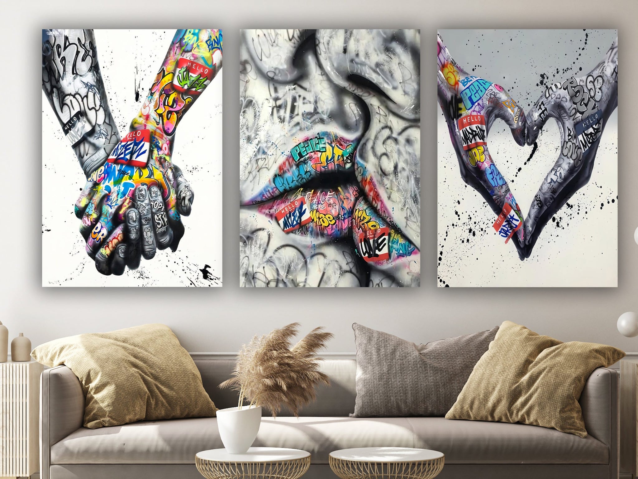 Banksy Set of 3 Canvas, Love and Kissing Art, Gift for Lover, Colourful Graffiti, Famous Mural Quote, Heart Graffiti Art