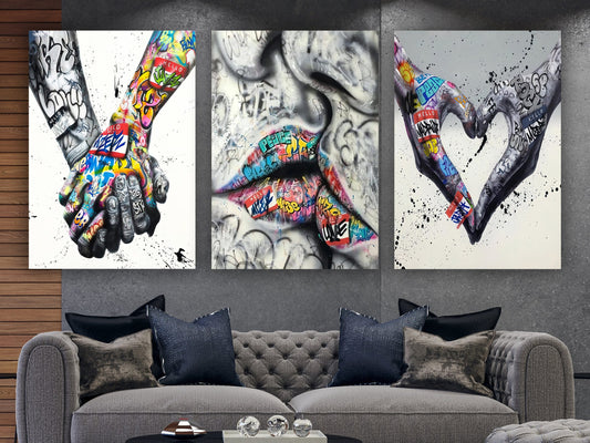 Banksy Set of 3 Canvas, Love and Kissing Art, Gift for Lover, Colourful Graffiti, Famous Mural Quote, Heart Graffiti Art