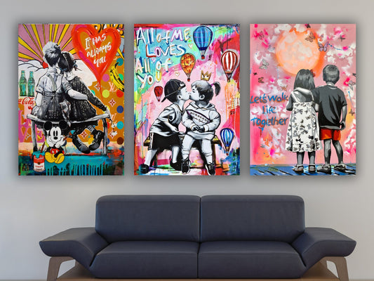 Banksy Set of 3 Canvas, Love and Kissing Art, Gift for Lover, Colourful Graffiti, Famous Mural Quote, Heart Graffiti Art, pop art love decor
