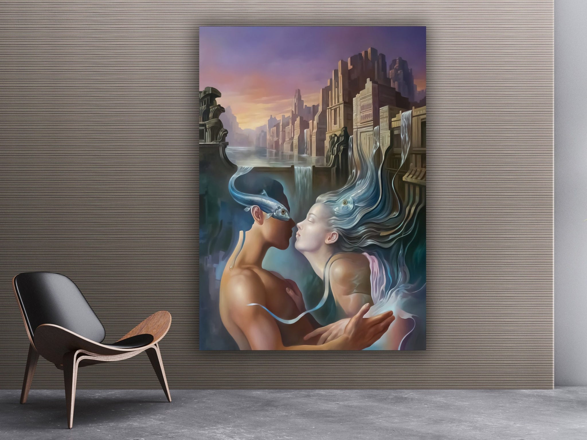 Love of fishes painting, surreal love art, abstract couple wall art