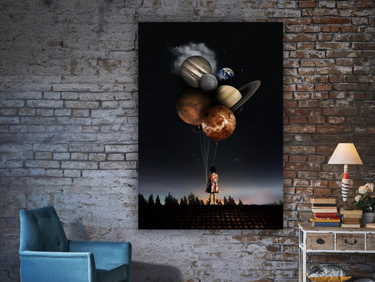 Planetary painting, astronaut flying on planets, planetary balloons canvas, astronaut canvas, space graffiti painting