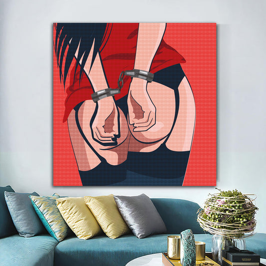 Fantasy bedroom wall art, sexy girl canvas, handcuffed erotic woman canvas print