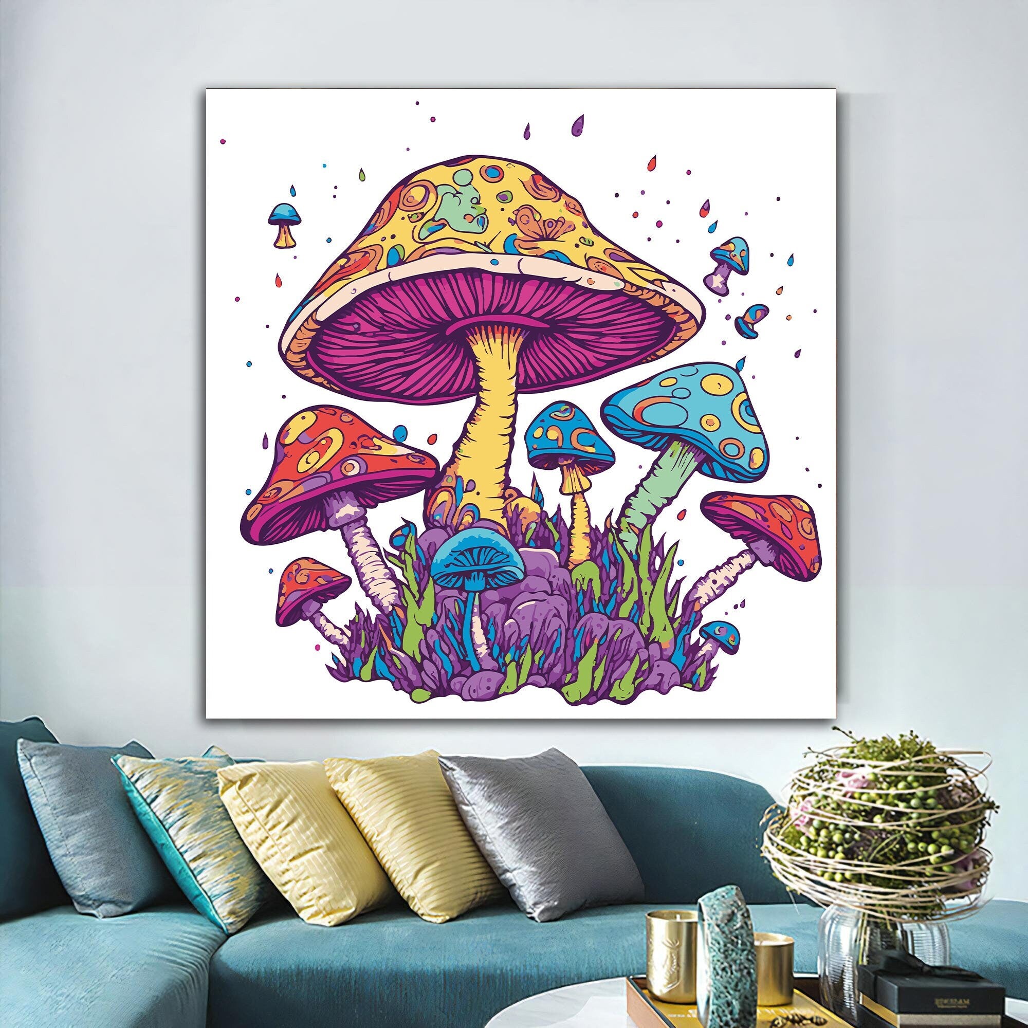 Mushroom canvas, colorful mushrooms painting, cartoon mushrooms wall art, poster for kids room