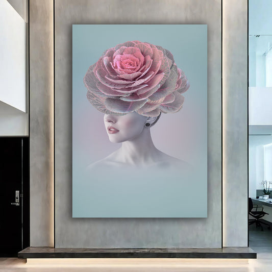 woman with flower head canvas painting, pink roses and woman painting, flower woman painting, flowers and woman painting Art Prints