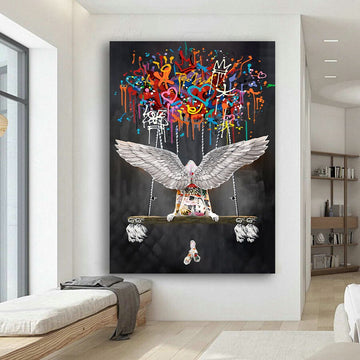 Banksy Boy Flying With Balloon Canvas, Banksy Balloon Canvas, Balloon Poster, Wall Art Canvas