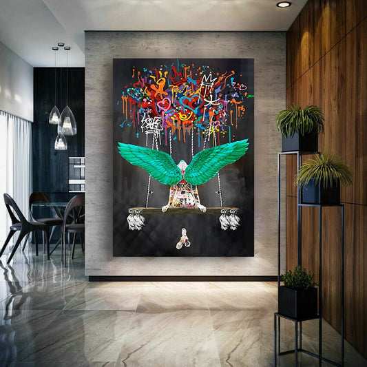 Angel canvas, green winged angel painting, graffiti angel poster, ready to hang product, gift for lover