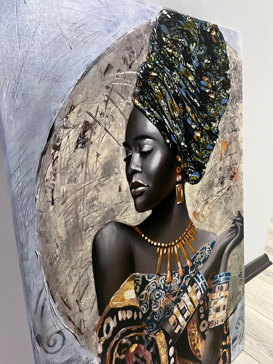 African woman painting, black woman in gold and beige color, ethnic woman wall art, african poster, african girl poster, black woman art