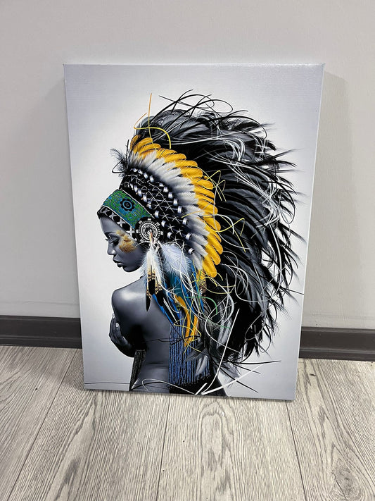 Native American Indian Girl Wall Art Canvas Painting Women, Colorful Feathered Prints, indian woman canvas wall art