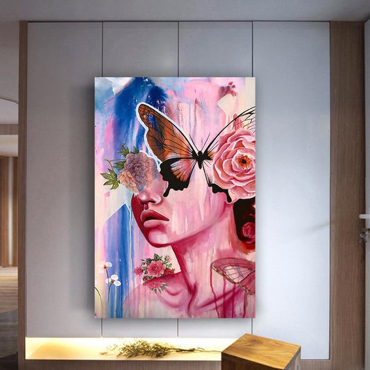 Woman with flower head canvas painting, pink roses and woman painting, flower woman painting, flowers and woman  canvas