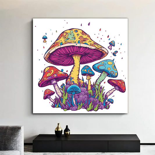 Mushroom canvas, colorful mushrooms painting, cartoon mushrooms wall art, poster for kids room