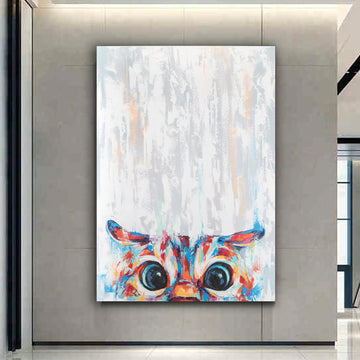 Funny cat painting, colorful cat canvas, hiding cat poster, kids room decor