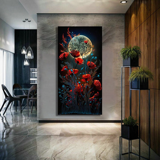 Moon canvas painting, moon and flowers art, nature canvas painting, landscape wall decor, moon and flowers print, panoramic canvas painting