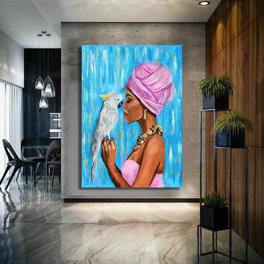 Black woman and parrot canvas, African woman art, colourful woman painting, parrot canvas, ethnic African woman canvas print