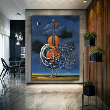 Surreal violin canvas, violin and bird painting, goose canvas print, abstract musical instrument wall art