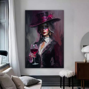 Canvas of a woman in a white hat holding red wine glasses, mysterious mood style, dark pink and dark gray, yellow, dark red and dark gray