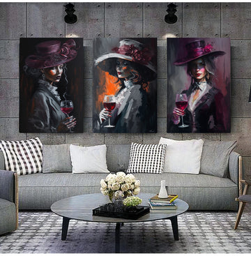 Set of 3 canvas paintings wine and women, women drinking wine art, women in hats poster, women decor, women drinking wine art