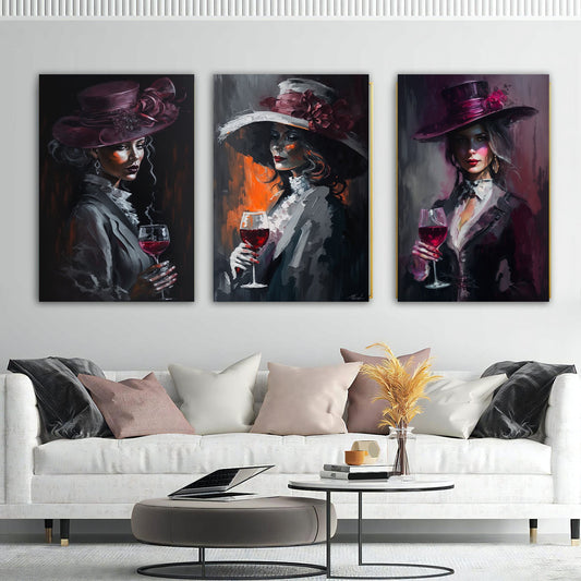 Set of 3 canvas paintings wine and women, women drinking wine art, women in hats poster, women decor, women drinking wine art