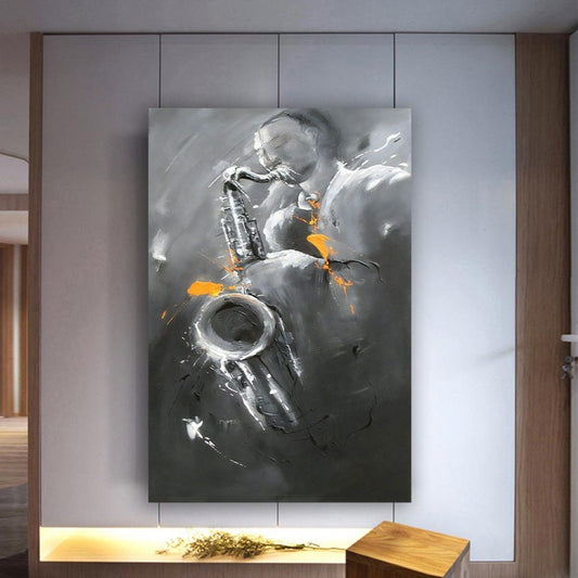 Man playing saxophone canvas, music painting, black and white saxophone art
