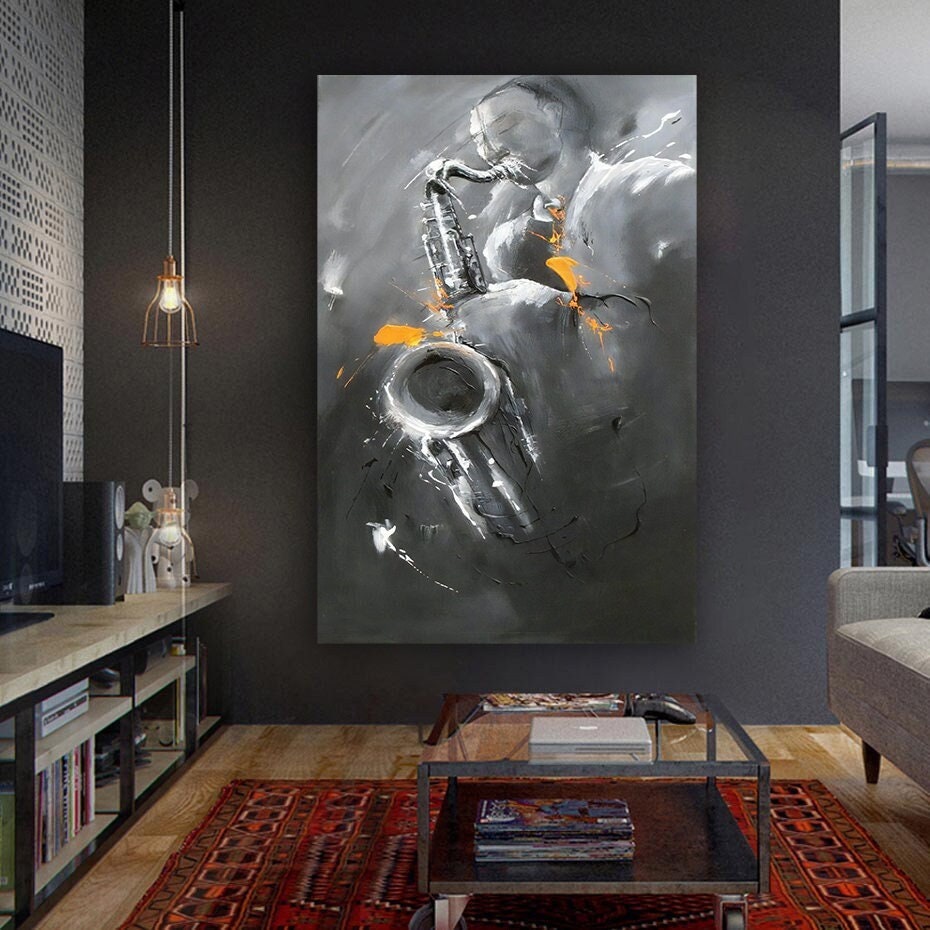 Man playing saxophone canvas, music painting, black and white saxophone art