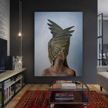 Wing woman canvas print, woman with flower head canvas painting, woman with feather head wall decor, woman with flower