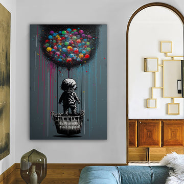 Banksy balloon and child canvas, flying balloon painting, child flying in a balloon, child room art, banksy art, banksy balloon canvas art
