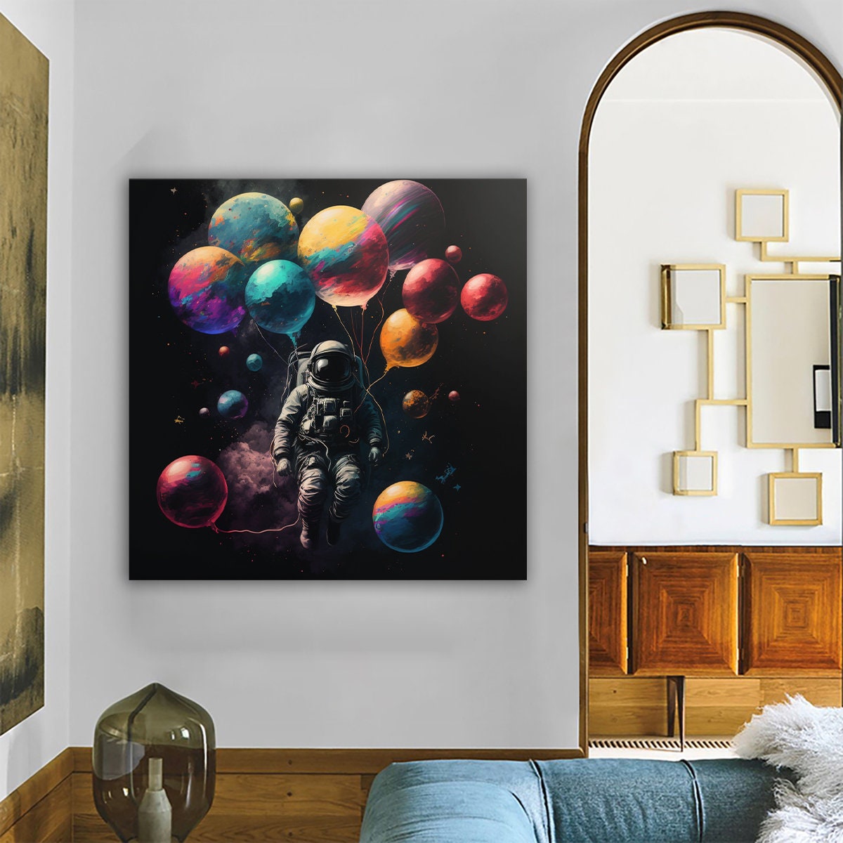 Spaceman Flying Astronaut Planets Space Canvas Framed Print Wall Art Poster Home Decor
