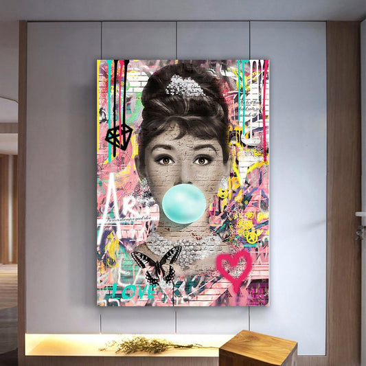 Audrey Hepburn Canvas, Bubble Gum Print, Wall Art Canvas, Hepburn Pink Lips, Modern Poster, Audrey Artwork, Movie Actress