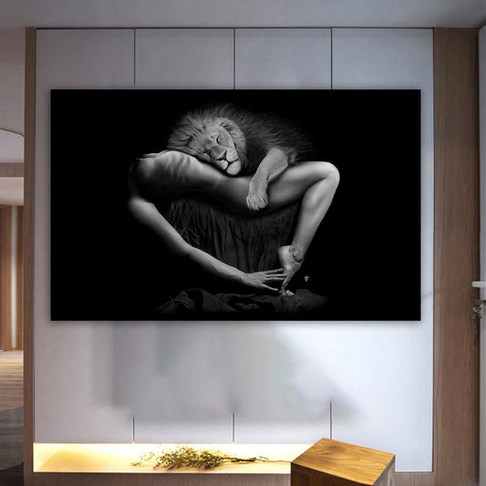 Woman and Lion Poster, Black and White, animal print, bedroom, nude body canvas print, sexy woman, bedroom decoration, erotic art print