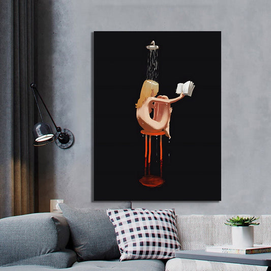 Little girl reading a book in the bathroom, abstract woman painting, pop art girl art, bathroom painting, bedroom decor, abstract girl art