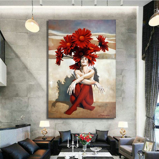 Woman with red flower head painting, floral woman art, abstract woman canvas, woman with flower body wall art