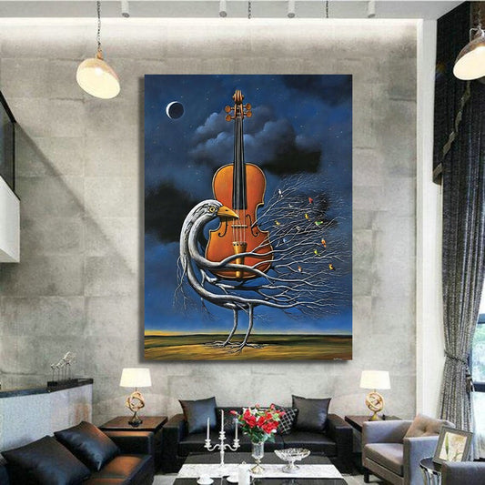 Surreal violin canvas, violin and bird painting, goose canvas print, abstract musical instrument wall art