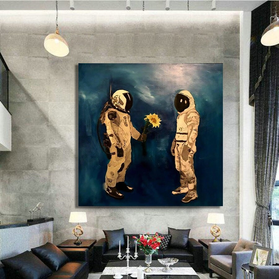 Astronaut couple canvas, love astronauts art, astronaut giving flowers to his wife, abstract astronaut poster, astronaut canvas print