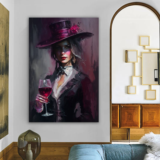 Canvas of a woman in a white hat holding red wine glasses, mysterious mood style, dark pink and dark gray, yellow, dark red and dark gray