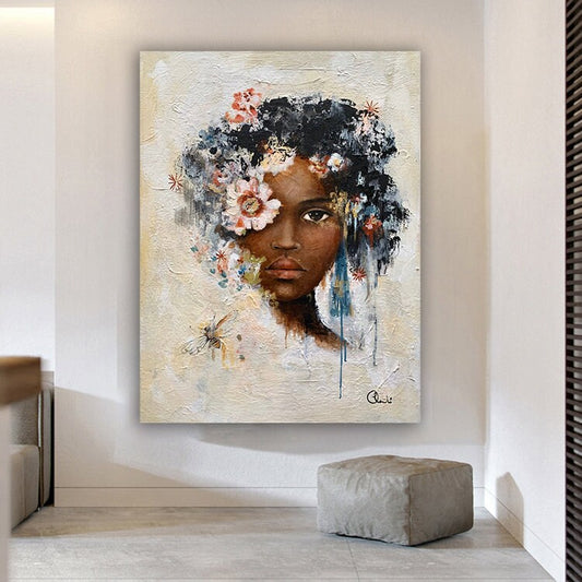 woman with flower head canvas painting, beige roses and woman print, flower woman poster, flowers and woman canvas print