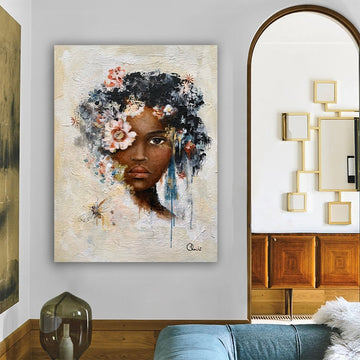 woman with flower head canvas painting, beige roses and woman print, flower woman poster, flowers and woman canvas print