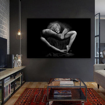 Woman and Lion Poster, Black and White, animal print, bedroom, nude body canvas print, sexy woman, bedroom decoration, erotic art print