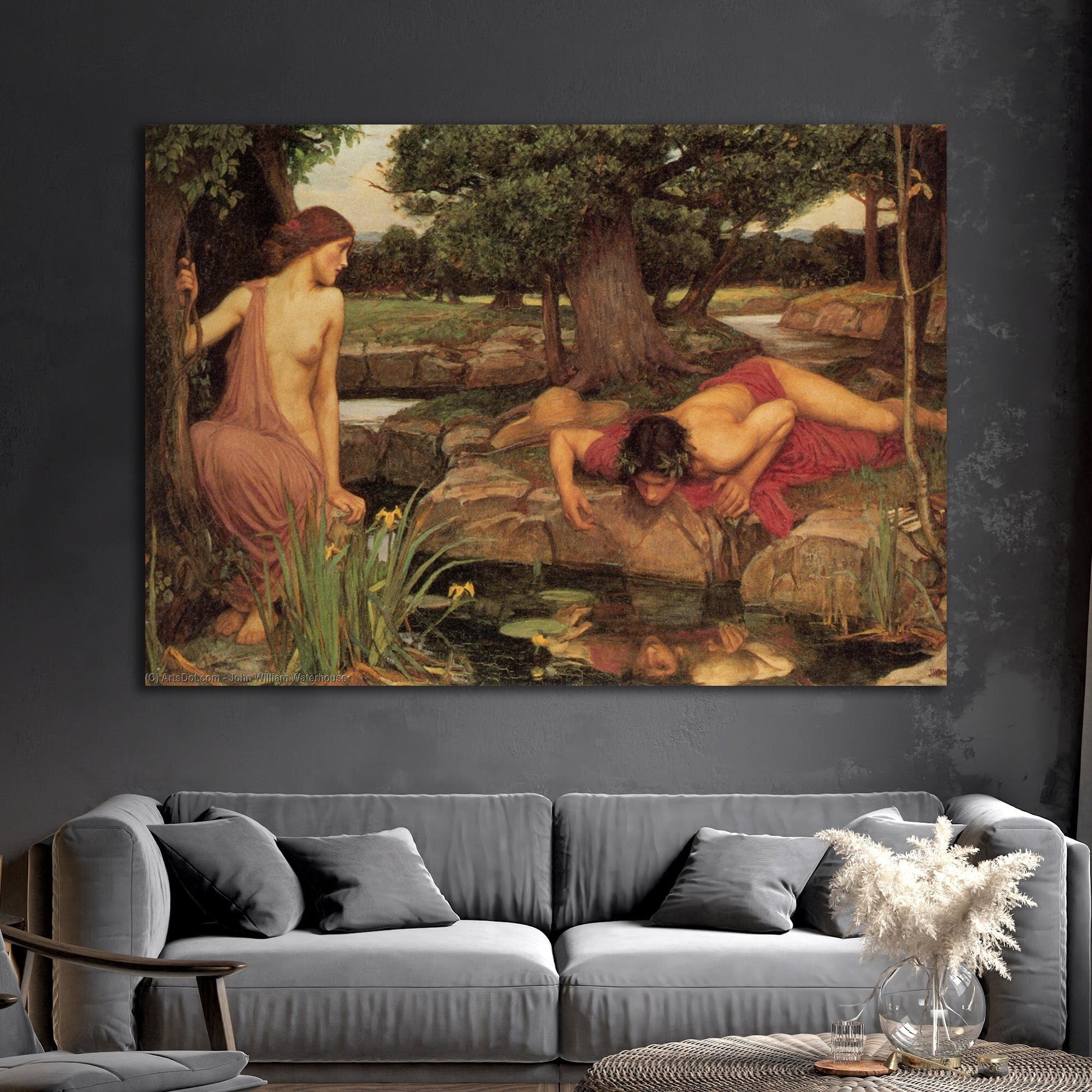 John William Waterhouse, Echo and Narcissus, canvas wall art, Classic prints, Vintage prints, reproduction canvas wall art