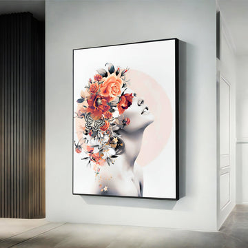 Flower Head Woman Canvas Wall Art, Rose Head Girl Canvas Print Art, Butterfly Girl Canvas, abstract flowers woman print