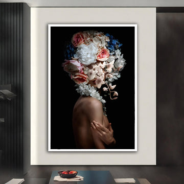 Flower Head Woman Framed Canvas, Woman Floral Portrait, Flower head woman Canvas Print, black background women canvas