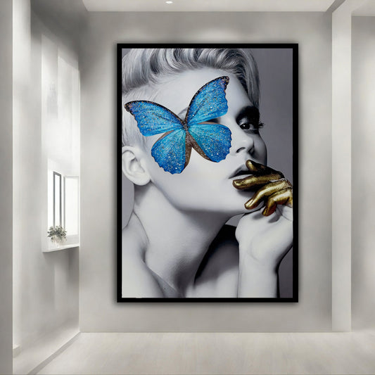 American woman art, butterfly in the eye girl art, woman poster, woman portrait canvas painting