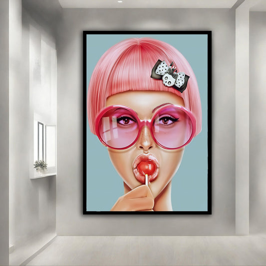 Pop art girl canvas, pink girl art, girl with glasses print, cartoon woman wall art, pink haired girl painting