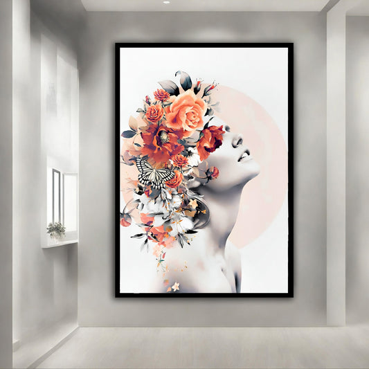 Flower Head Woman Canvas Wall Art, Rose Head Girl Canvas Print Art, Butterfly Girl Canvas, abstract flowers woman print