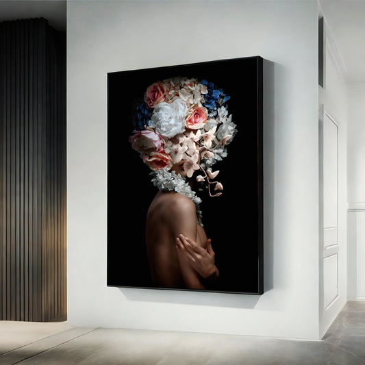 Flower Head Woman Framed Canvas, Woman Floral Portrait, Flower head woman Canvas Print, black background women canvas