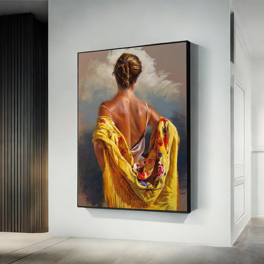 Beautiful woman canvas, back turned woman art, girl in yellow dress wall art, woman poster