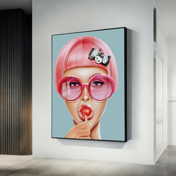 Pop art girl canvas, pink girl art, girl with glasses print, cartoon woman wall art, pink haired girl painting