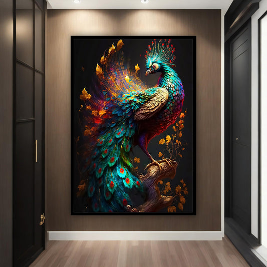 Peacock canvas, colorful bird wall art, peacock poster, framed bird painting