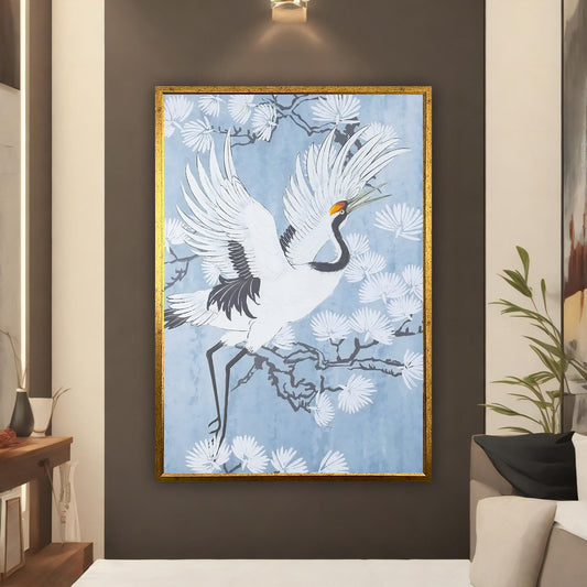 Stork canvas, old style bird art, abstract stork wall decor, stork canvas print with frame